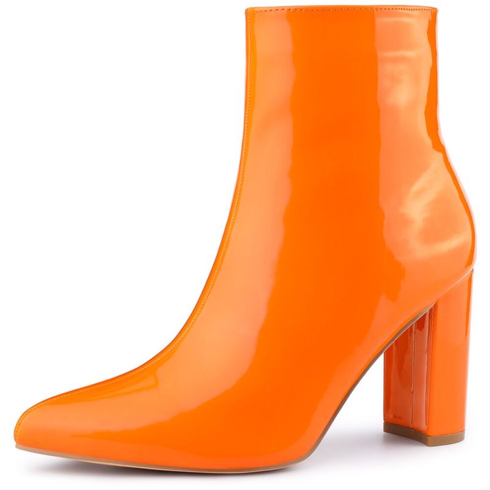 Pointed Toe Side Zip Chunky Heel Ankle Boots Orange